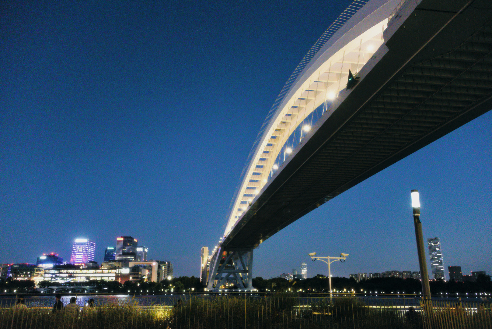 A bridge over the Huangpu river at night reaching out to city lights