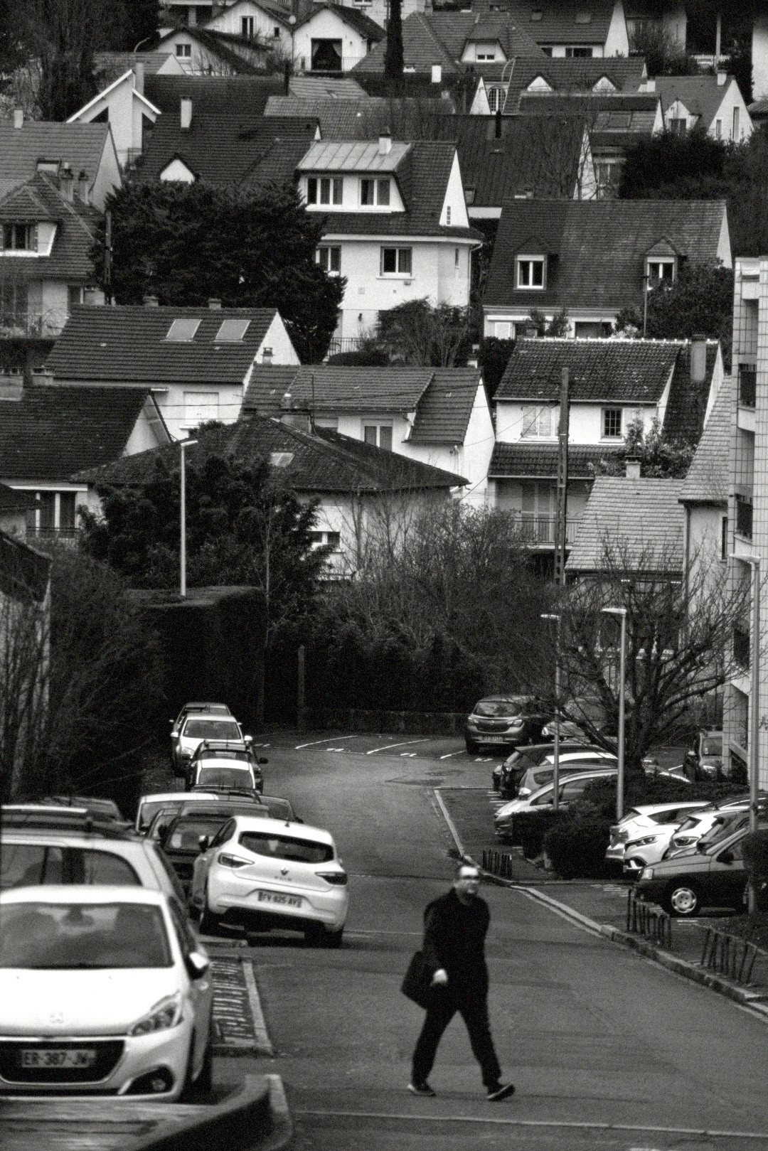 Houses on a hillside with a person crossing a road in black and white